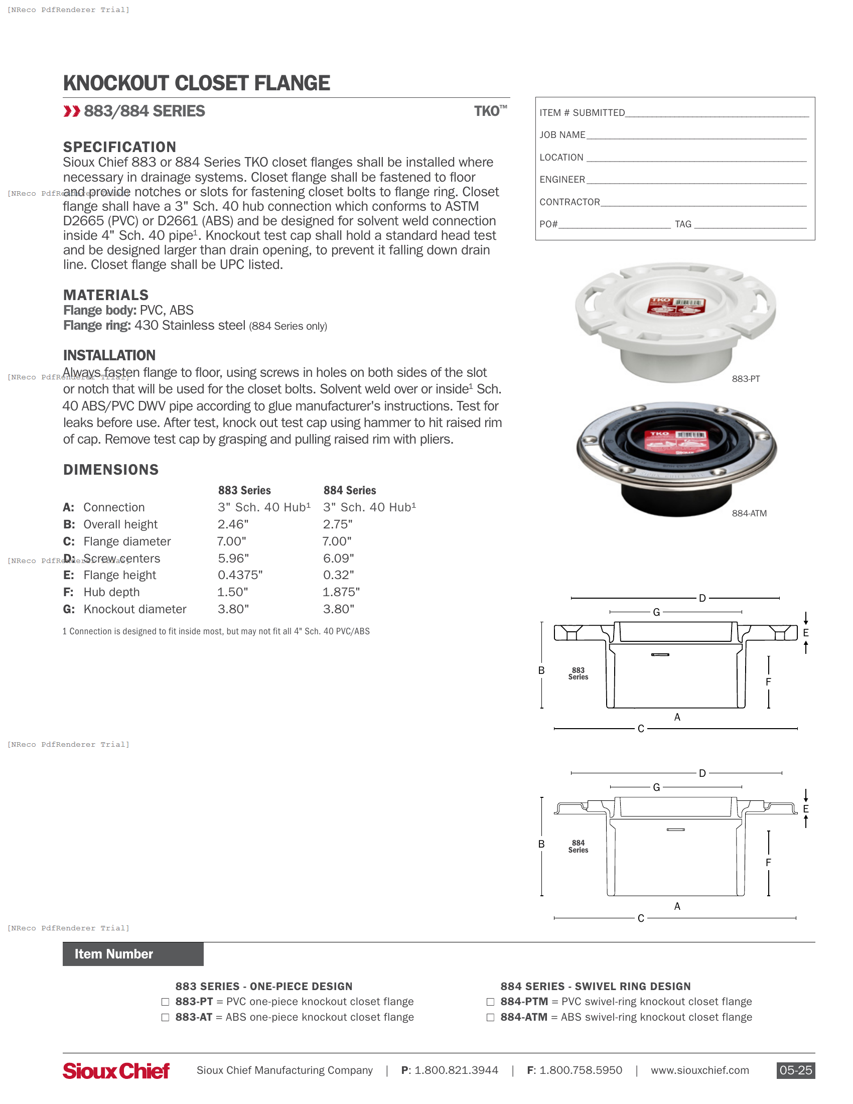 883-884 SERIES - TKO KNOCKOUT CLOSET FLANGE - SPEC SHEET.PDF Specification Document